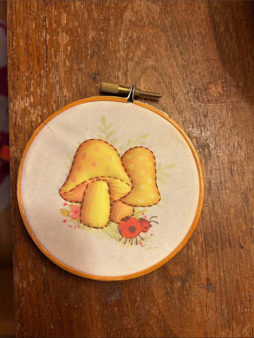 vintage Hand Embroidered Mushroom Hoop Art - Yellow & Orange